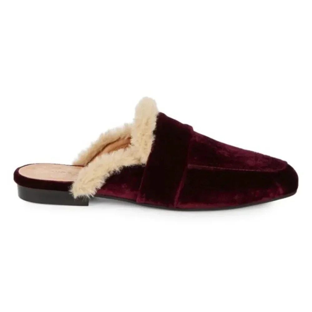 PURE NAVY Noles Trimmed Faux Fur Velvet Mules